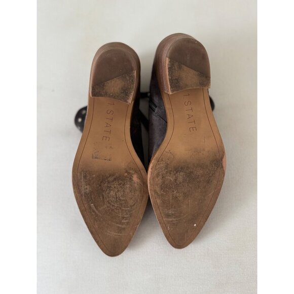 1. State Loka Studded Suede Ankle Bootie Wood Block Heel Almond Toe Size 8M Gray - Picture 6 of 15